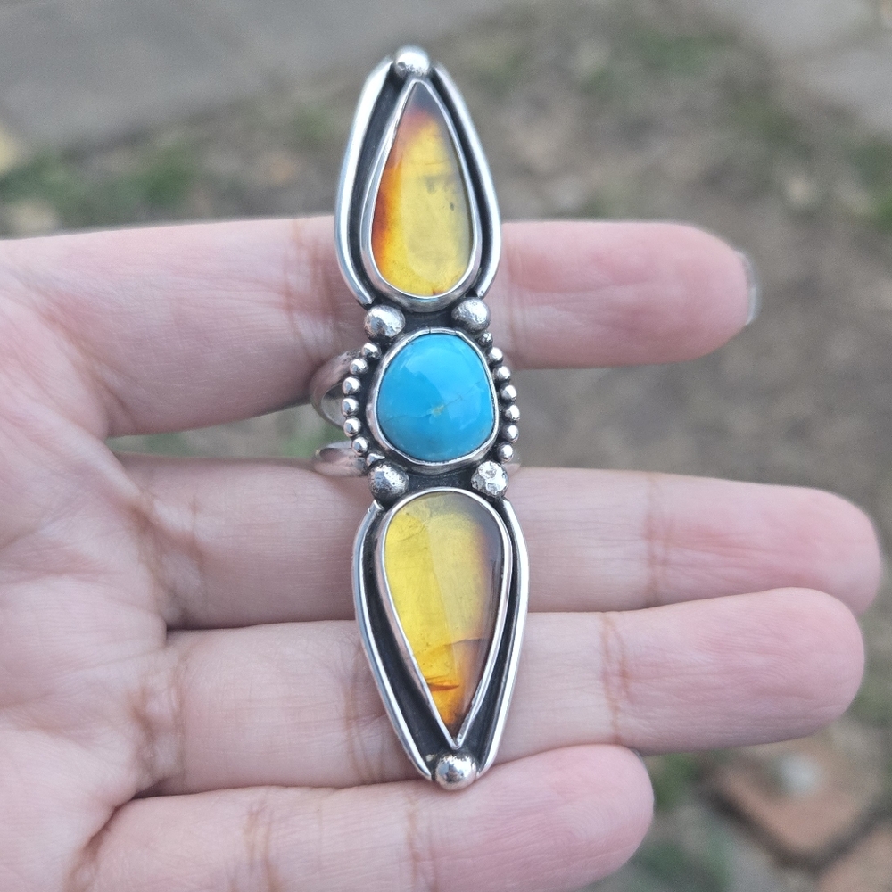 Aesthetic Arrest Amber And Turquoise Artisan Ring Handmade OOAK